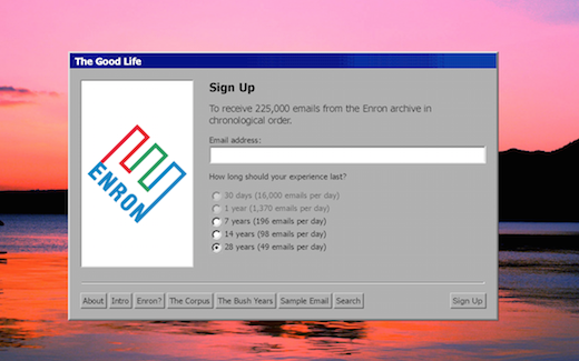 A screenshot of the sign up page to receive emails from the Enron archive
