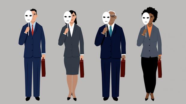 Four animated figures of different races and genders holding identical blank masks partially over their faces.