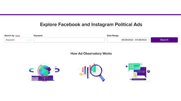 screenshot of Ad Observatory: "Explore Facebook and Instagram Political Ads" and a search bar below 