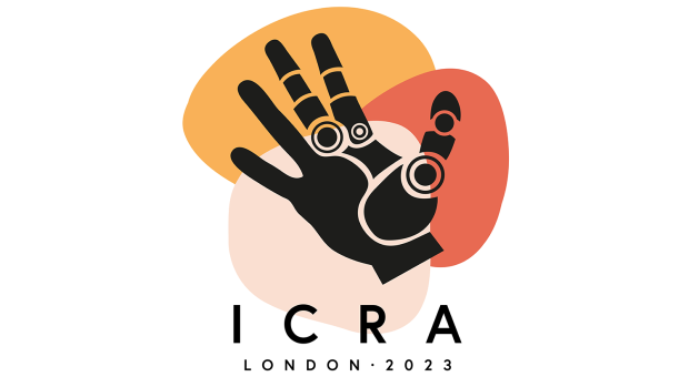Drawing of a robotic hand, with text that reads "ICRA London 2023"