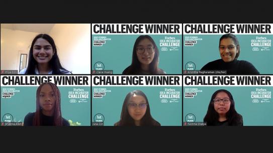 Six female student winners in a zoom presentation