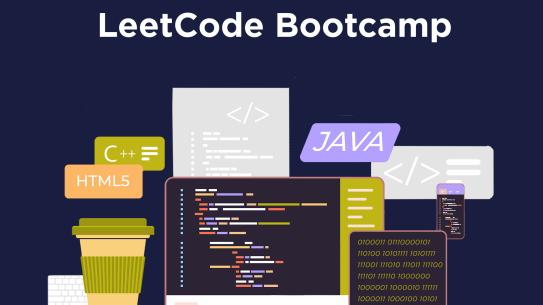 LeetCode Bootcamp Graphic with different coding languages and laptop screen