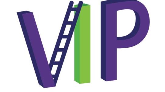 VIP logo in purple and green