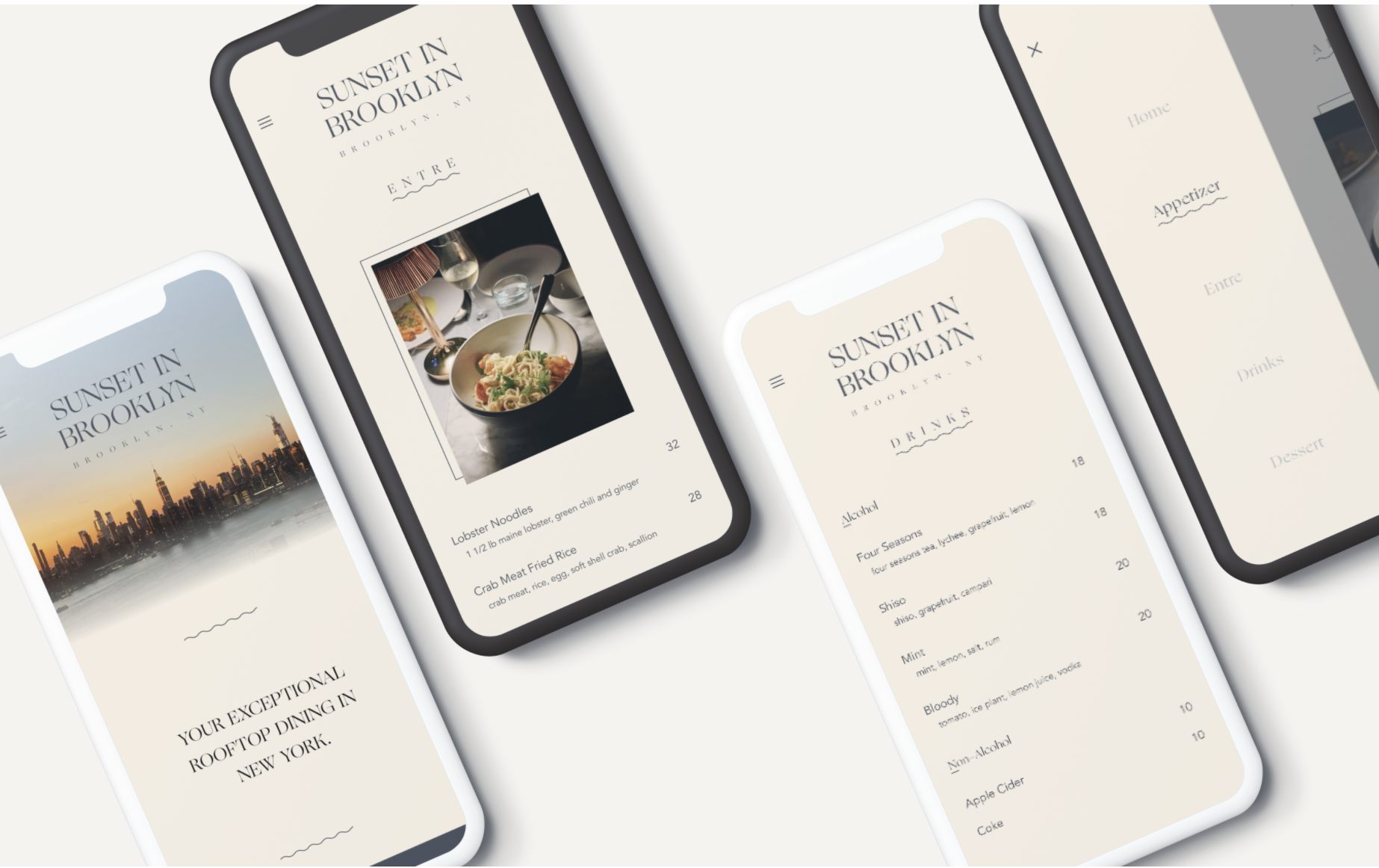 Mockup of a website and menu for Sunset in Brooklyn on side-by-side smartphones.